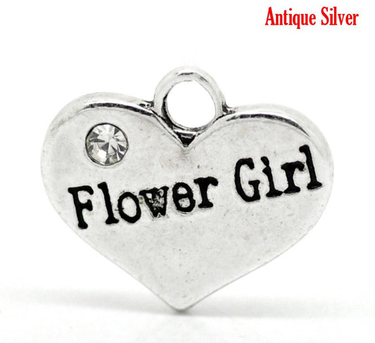 P083 - 10 pcs. Antique Silver "Flower Girl" charm with rhinestone- 16mm X 14mm