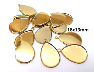 P989 - 10 pcs. Golden Teardrop Bezel Cabochon Pendant Tags Trays - 18mm x 13mm Glue Pad - Setting - 13x18mm - 18x13mm