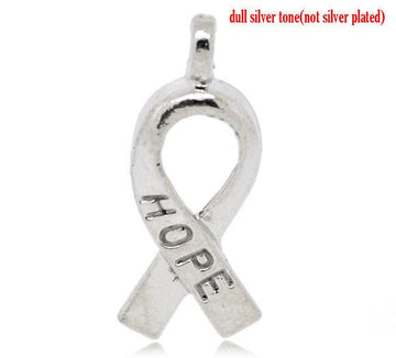 P282A - 100 pcs. Silver Tone Hope Breast Cancer Awareness Charm Pendants - 17mm x 8mm