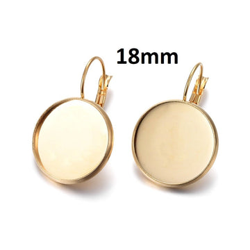 E719 - 10 pcs. 304 Stainless Steel Earring Clips Settings Lever Back Bezels Cabochons - 18mm Glue Pad Setting - 24k Gold Plated