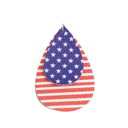 P1075 - 10 pcs. USA American Red, White and Blue Faux Leather Dangle Charms Pendants - Teardrop - Flag - 59mm (2.32") - Double-Sided - Double Layer