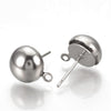 E335 - 10 pcs. (5 pairs) 304 Stainless Steel Earring Half Round Ball Posts Settings with Loop - 14.5mm x 12mm - Hole: 1mm - Stoppers Included!