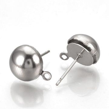 E335 - 10 pcs. (5 pairs) 304 Stainless Steel Earring Half Round Ball Posts Settings with Loop - 14.5mm x 12mm - Hole: 1mm - Stoppers Included!