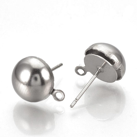E335 - 10 pcs. (5 pairs) 304 Stainless Steel Earring Half Round Ball Posts Settings with Loop - 14.5mm x 12mm - Hole: 1mm - Stoppers Included!