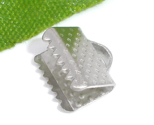 CR023 - 100 pcs. Silver Tone Textured Ribbon Crimp End Caps - 8mm x 8mm - Great for 8mm Ribbons and Cords!