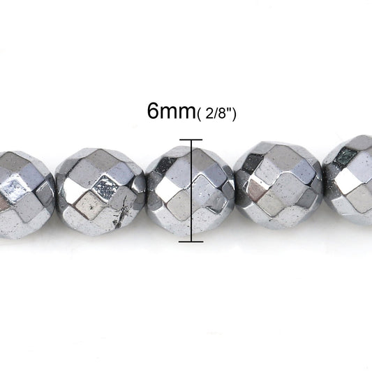 BD360 - 65 pcs. - 6mm Silver Tone Hematite Faceted Round Beads - 15 6/8 inch strand (40cm) - 0.8mm Hole Size - Grade A