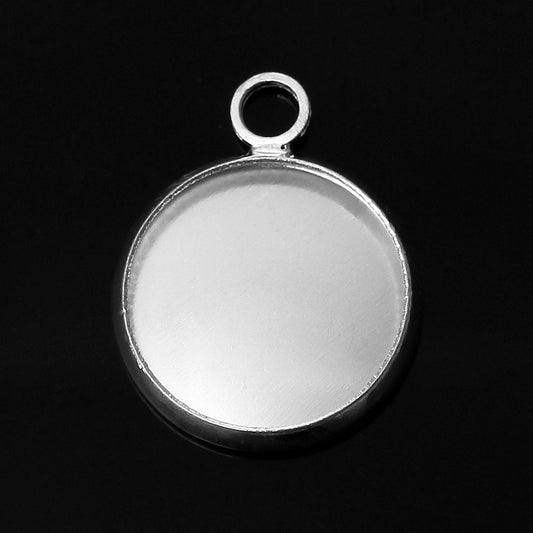 P458 - 10 pcs. Silver Tone Circle Round Bezel Cabochon Pendant Tags Trays - 12mm Glue Pad - 17x14mm - Single Loop