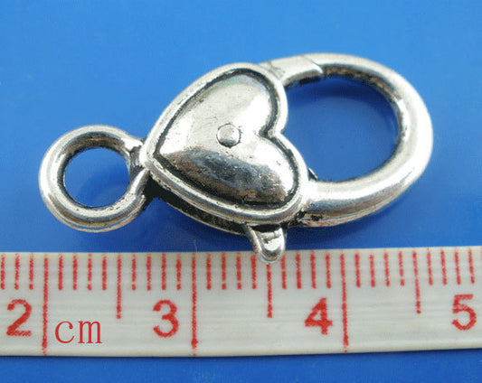 CL094 - 20 pcs. Antique Silver Heart Lobster Clasps - 27mm X 13mm (1 inch) - Claw Clasps
