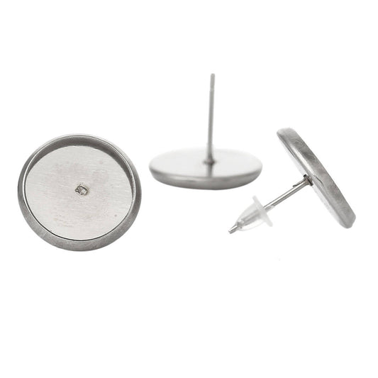 E319A - 10 pcs. 304 Stainless Steel Earring Posts Studs Settings Bezels Cabochons Tacks - 10mm Glue Pad Setting - Silver Tone