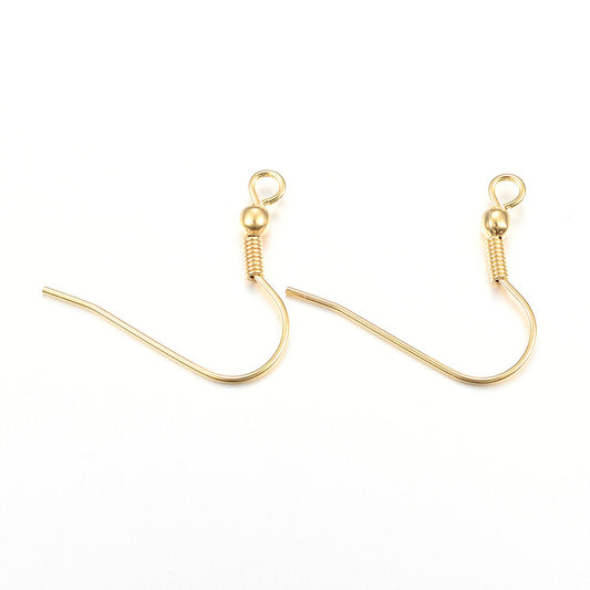 E473 - 50 pcs 304 Stainless Steel Golden Earring Hooks with Spring and Ball - 20mm x 23mm - Hole: 2mm - 0.8mm Pin - Dull Gold