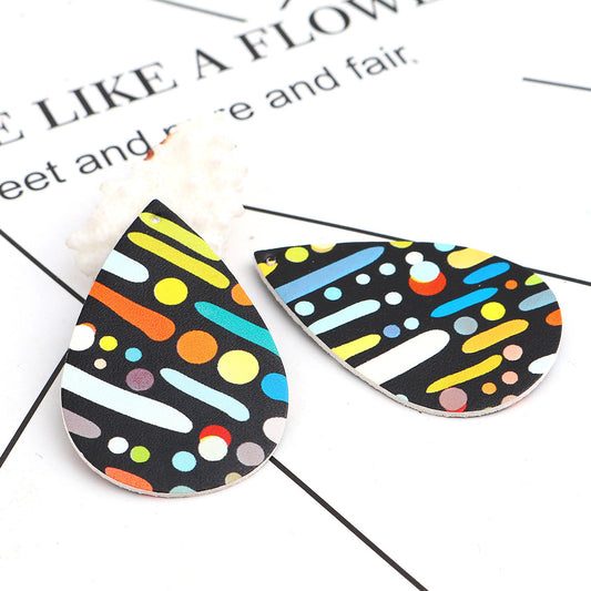 P1052 - 10 pcs. Black and Rainbow Stripe Dot Faux Leather Dangle Charms Pendants - Teardrop - 56mm (2.2") - Great for Earrings! Double Sided