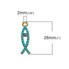P285 - 5 pcs. Gold Plated Green Blue Imitation Turquoise Evil Eye Cabochons Jesus Ichthys Fish Charms Pendants - 26mm x 7mm (1" x 1/4")