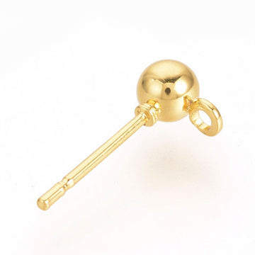 E496 - 100 pcs (50 pairs) Golden Iron Earring Ball Posts Settings with Loop - 6.5mm x 4mm - Golden - Rubber Stoppers Included! - Hole Size: 1mm