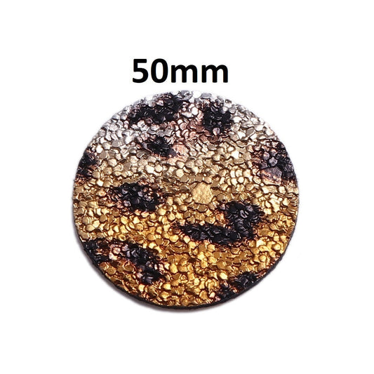 P2011 - 10 pcs. Gold and Black Leopard Glitter Faux Leather Dangle Charms Pendants - Circle - 50mm (2") - Double-Sided