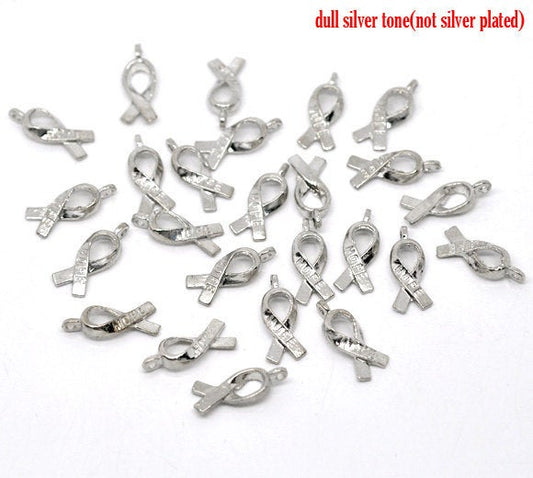 P282A - 100 pcs. Silver Tone Hope Breast Cancer Awareness Charm Pendants - 17mm x 8mm