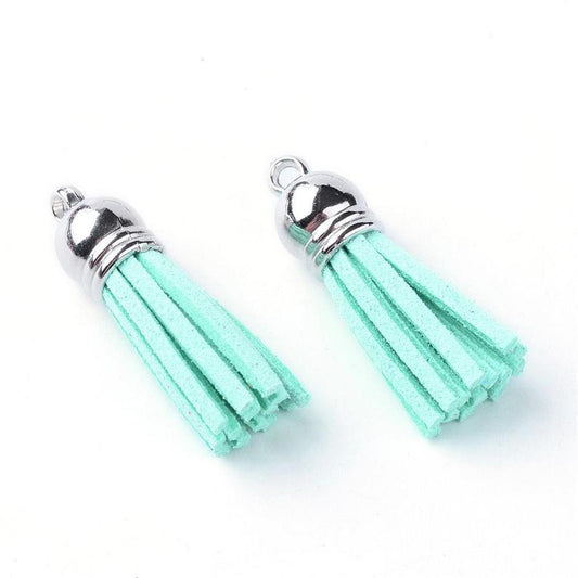P140 - 10 pcs. Blue Mint Faux Suede Tassel Dangle Charms Pendants - Silver Tone - 6cm (2 3/8") x 1.2cm (1/2") - Great for Light Earrings &amp; Dangles!