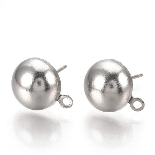 E335 - 10 pcs. (5 pairs) 304 Stainless Steel Earring Half Round Ball Posts Settings with Loop - 14.5mm x 12mm - Hole: 1mm - Stoppers Included!