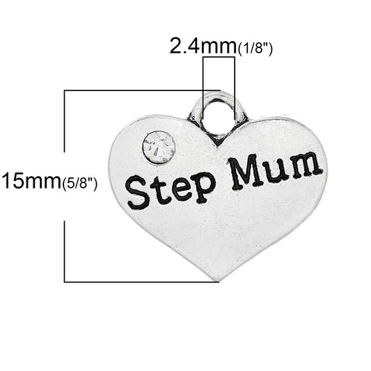 P061 - 4 pcs. Antique Silver "Step Mum" charm with rhinestone - 16mm X 15mm