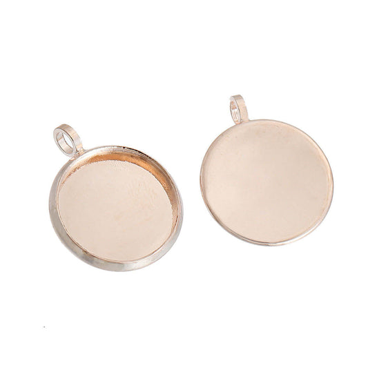 P431 - 10 pcs. Rose Gold Plated Circle Round Bezel Cabochon Pendant Tags Trays - 12mm Glue Pad - 18x14mm - Single Loop - Hole Size: 1.8mm
