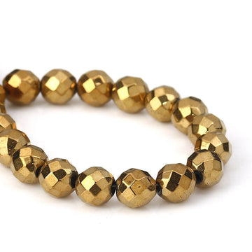 BD361 - 65 pcs. - 6mm Golden Hematite Faceted Round Beads - 15 6/8 inch strand (40cm) - 0.8mm Hole Size - Grade A - Gold