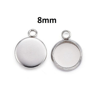 P459 - 10 pcs. 304 Stainless Steel Circle Settings Bezels Cabochons Pendants - 8mm Glue Pad Setting - Silver Tone - Trays - Single Parallel Loop