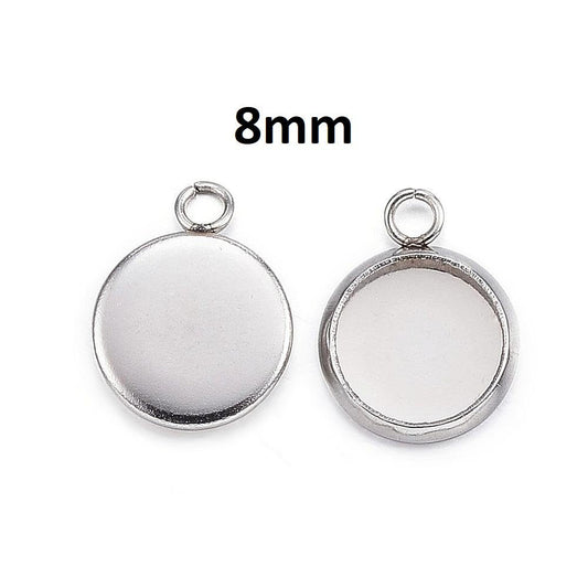 P459 - 10 pcs. 304 Stainless Steel Circle Settings Bezels Cabochons Pendants - 8mm Glue Pad Setting - Silver Tone - Trays - Single Parallel Loop