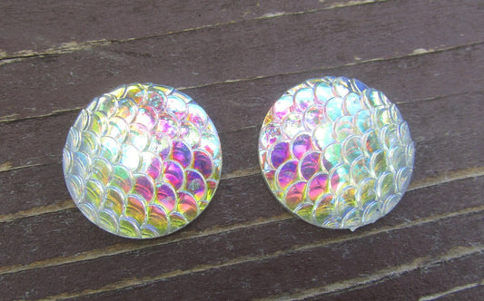 CA473 - 5 pcs Mermaid Fish Scales Resin Carved Embellishment Cabochons White Multicolor - 25mm (1 in)