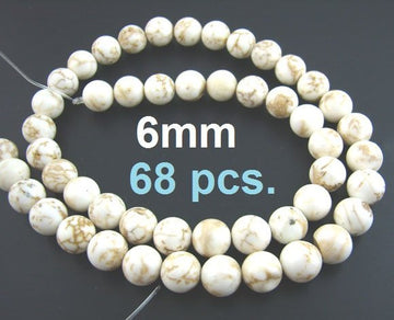 BD174 - 68 Beads - 6mm White Turquoise Imitation Dyed Round Beads - 15.75 inch strand