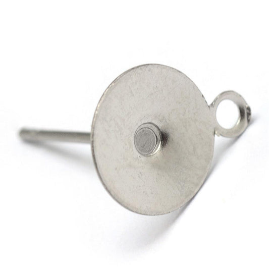 E367 - 100 pcs. (50 pairs) 304 Stainless Steel Earring Posts/Bases/Studs/Settings with loop - 6mm Glue Pad - 8mm with Loop - Includes Rubber Backs