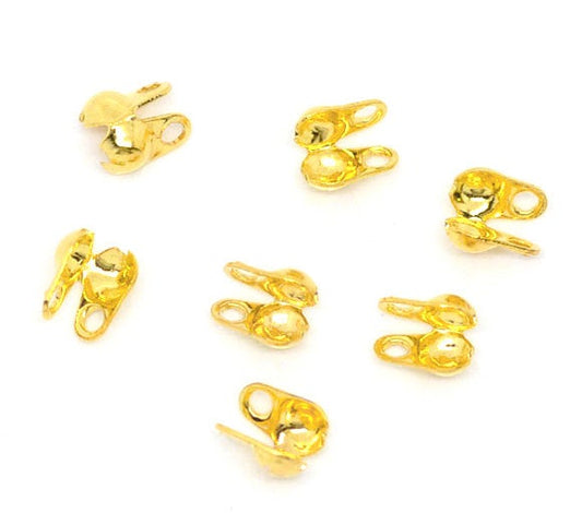CR036 - 100 pcs. Gold Plated Calotte Clamshell Crimp Side End Tips Caps with Loop - Fit 1.5mm Ball Chains - 4mm x 3.5mm - Knot Cover