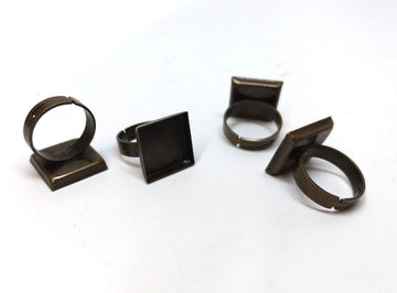 10 pcs. Antique Bronze ADJUSTABLE Cabochon Setting Bezel RING bases settings - Glue Pad 16mm - Square