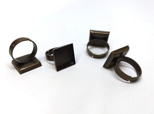 10 pcs. Antique Bronze ADJUSTABLE Cabochon Setting Bezel RING bases settings - Glue Pad 16mm - Square