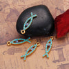P285 - 5 pcs. Gold Plated Green Blue Imitation Turquoise Evil Eye Cabochons Jesus Ichthys Fish Charms Pendants - 26mm x 7mm (1" x 1/4")