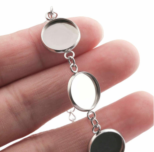 B102 - 3 pcs. 304 Stainless Steel Silver Tone Chain Bracelets - 6.1" (15.5cm) - 14mm Bezels - Extends to 7.09" (20cm) with Extender Chain!