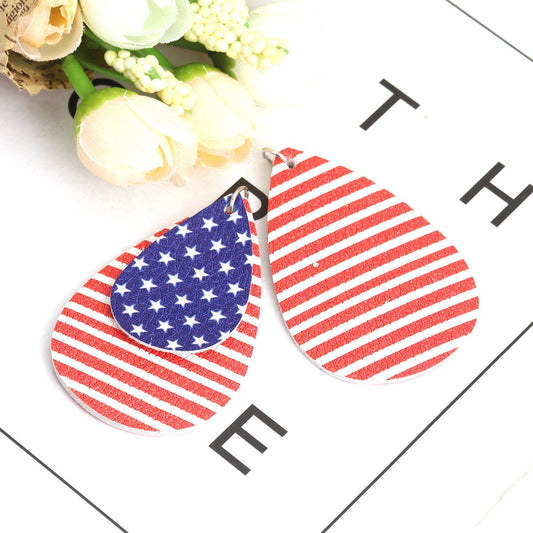 P1075 - 10 pcs. USA American Red, White and Blue Faux Leather Dangle Charms Pendants - Teardrop - Flag - 59mm (2.32") - Double-Sided - Double Layer