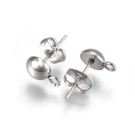 E336 - 10 pcs. (5 pairs) 304 Stainless Steel Earring Silver Tone Half Round Ball Posts Settings with Loop - 9mm x 6mm - Tarnish Resistant! Stoppers Included!
