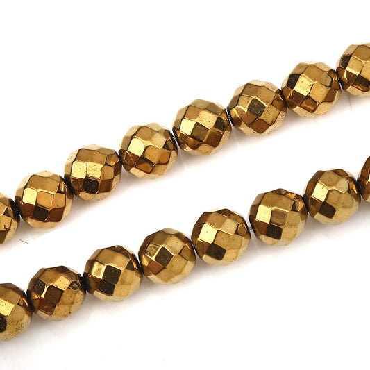 BD361 - 65 pcs. - 6mm Golden Hematite Faceted Round Beads - 15 6/8 inch strand (40cm) - 0.8mm Hole Size - Grade A - Gold