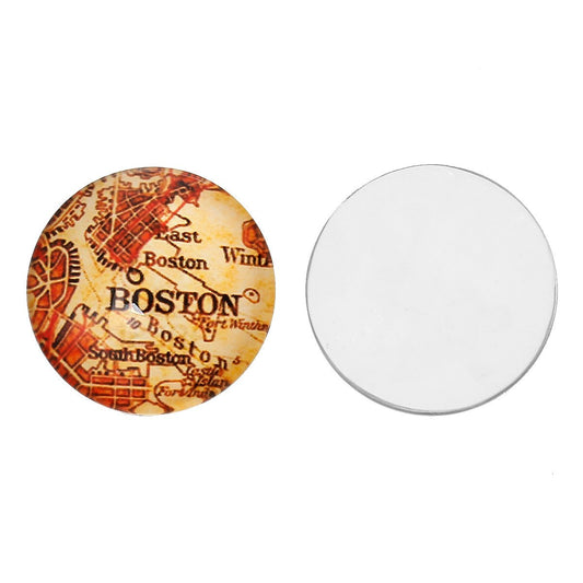 CA404 - 5 pcs. Circle "Boston" Round Glass Dome Seals Tiles Cabochons Embellishments - 25mm (1 in) - 1" - World Map Design
