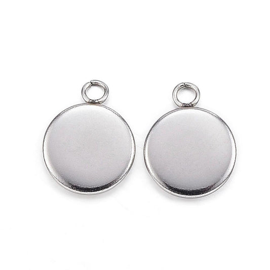 P459 - 10 pcs. 304 Stainless Steel Circle Settings Bezels Cabochons Pendants - 8mm Glue Pad Setting - Silver Tone - Trays - Single Parallel Loop