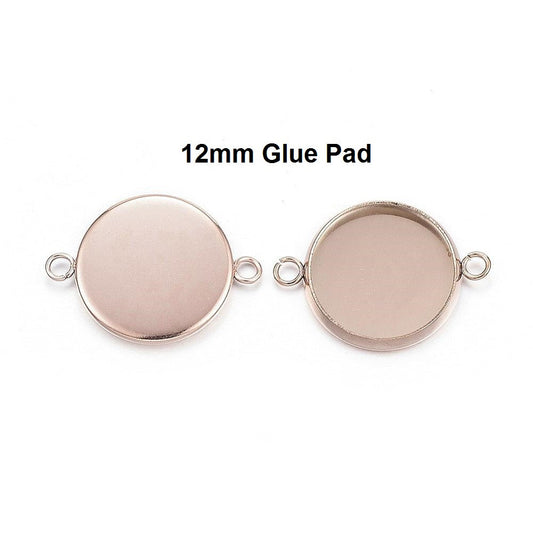 P792 - 10 pcs. 304 Stainless Steel Rose Gold Plated Circle Round Bezel Cabochon Cameo Connector Tags Trays - 12mm Glue Pad - Hypoallergenic