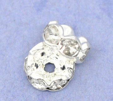 BD042 - 100 pcs Silver Plated Clear Rhinestone Rondelle Spacer Beads - 8mm - Curved Edges - Made of Copper!