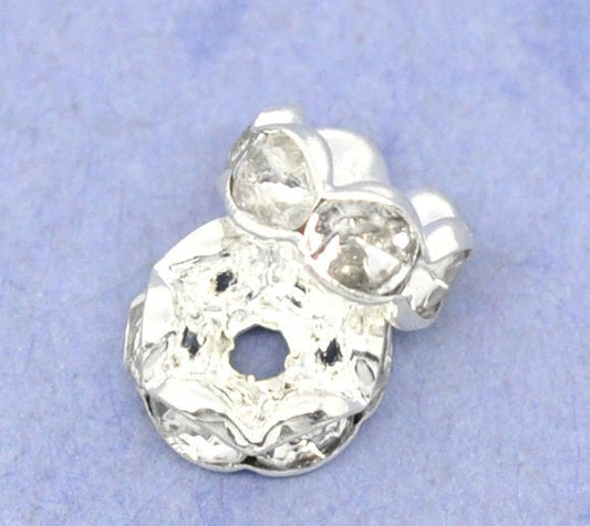BD042 - 100 pcs Silver Plated Clear Rhinestone Rondelle Spacer Beads - 8mm - Curved Edges - Made of Copper!