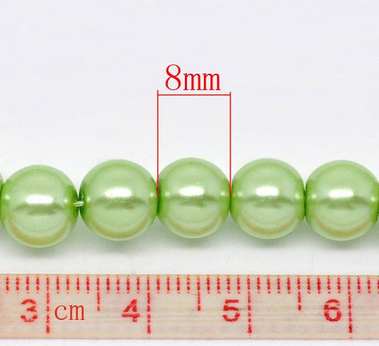 BD052 - 8mm Pastel Light Green Glass Pearl Imitation Round Beads - 32 inch strand