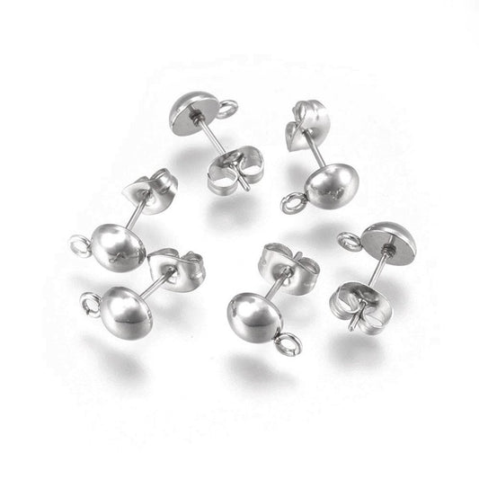 E336 - 10 pcs. (5 pairs) 304 Stainless Steel Earring Silver Tone Half Round Ball Posts Settings with Loop - 9mm x 6mm - Tarnish Resistant! Stoppers Included!