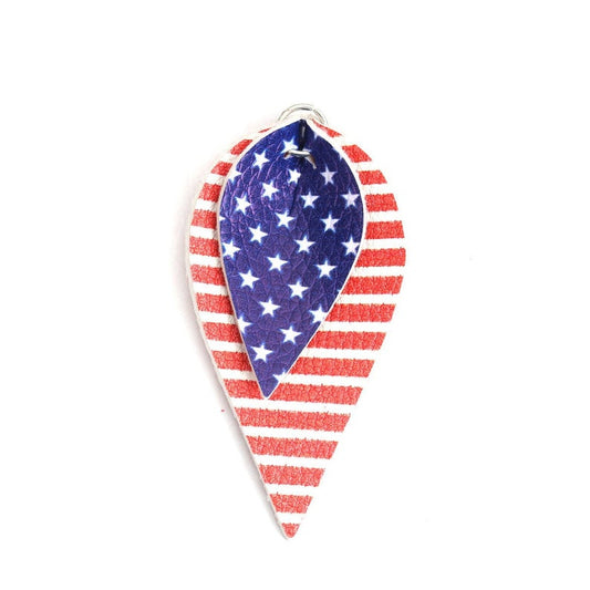 P1076 - 10 pcs. USA Flag Faux Leather Dangle Charms Pendants - Pinch Leaf - Red White Blue - Silver Tone Jump Ring - 64mm (2.52") - Double Sided