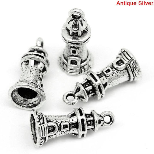 P298 - 10 pcs. Antique Silver Lighthouse Charms Pendants - 20.5mm X 9mm