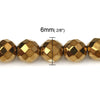 BD361 - 65 pcs. - 6mm Golden Hematite Faceted Round Beads - 15 6/8 inch strand (40cm) - 0.8mm Hole Size - Grade A - Gold