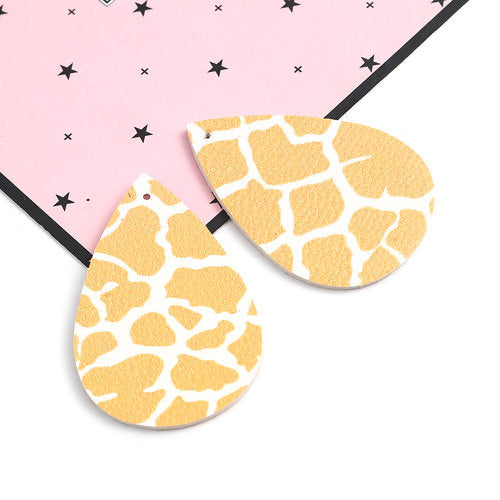 P1053 - 10 pcs. Giraffe Faux Leather Dangle Charms Pendants - Teardrop - White Yellow - 54mm (2.13") - Double Sided