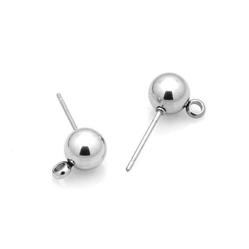 E337 - 10 pcs. (5 pairs) 304 Stainless Steel Earring Ball Posts Settings with Loop - 15mm x 8mm - Tarnish Resistant! Stoppers Included!