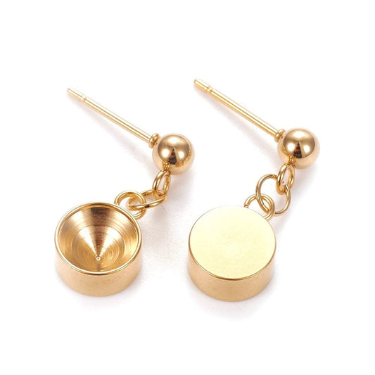E720 - 10 pcs. 304 Stainless Steel Earring Dangle Tacks Posts Studs Settings Bezels - 18k Gold Plated - For 7mm Rivoli and Pointed Back Cabochons